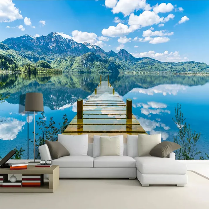 Custom-Mural-Wallpaper-Room-Blue-Sky-White-Clouds-Wooden-Bridge-Lake-Water-Nature-Landscape-3D-Creative