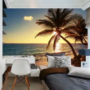 Tranh Dán Tường Phong Cảnh Bãi Biển, Hoàng Hôn Và Cây Dừa