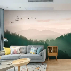 Tranh Dán Tường Phong Cảnh Núi Xanh Mờ Sương