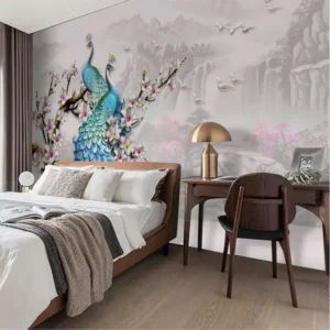 Tranh Dán Tường Phong Cách Châu Âu Hình Chim Công Xanh